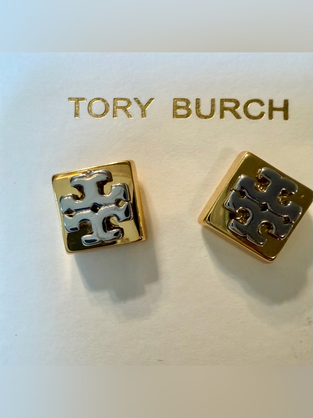 Tory Burch Two Tone Square Double T Logo Stud Earrings Gold Silver Mixed Metal